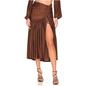 NICHOLAS Jayde Metallic Ruched Pleated Front Hem Slit Bronze Umber Skirt Size 4